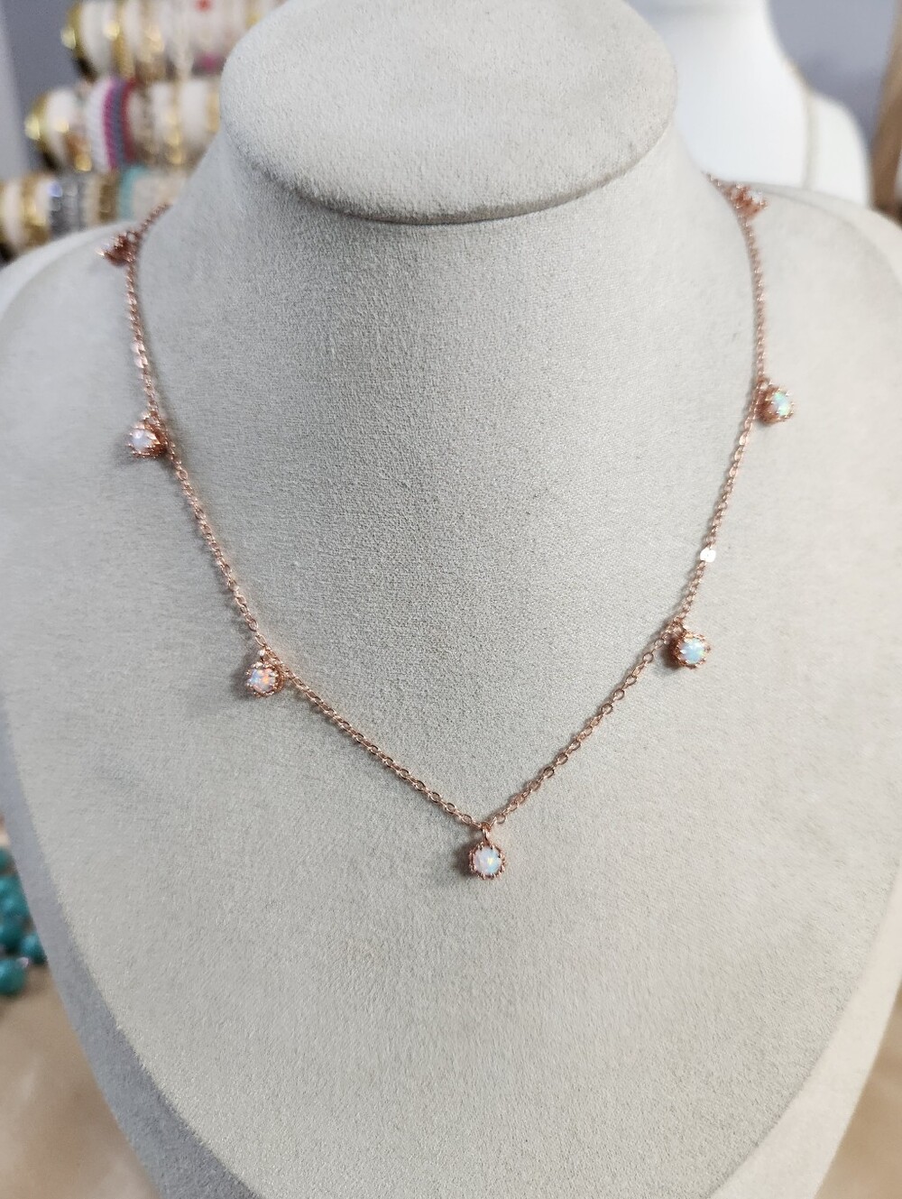 Delicate Rose Gold Opal Station Necklace - Women Jewelry
